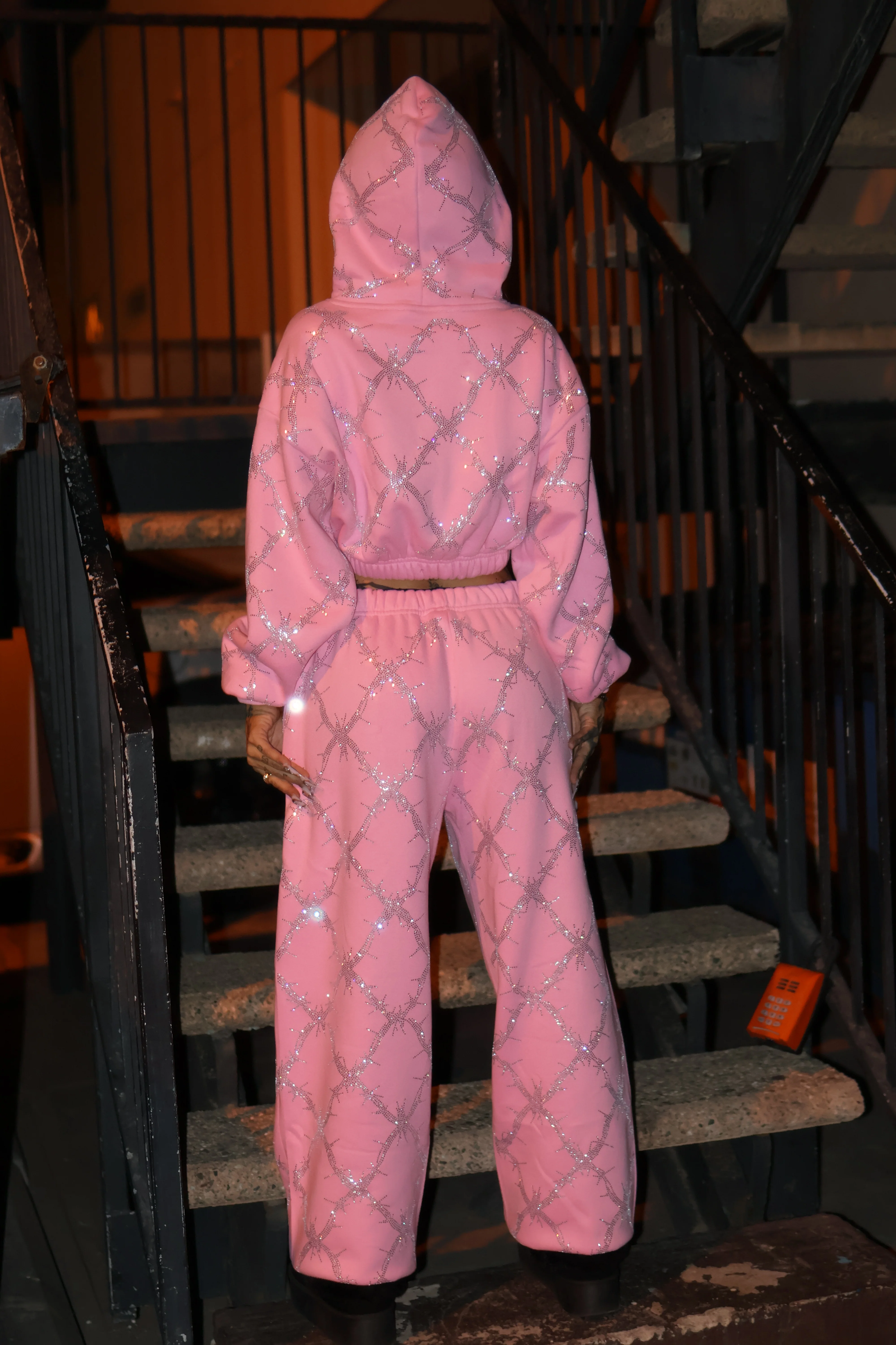 Baby pink barbed wire fence rhinestone sweatpants - Image 4