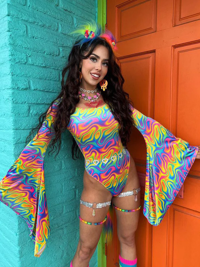 Rainbow sherbet velvet bellsleeves one piece