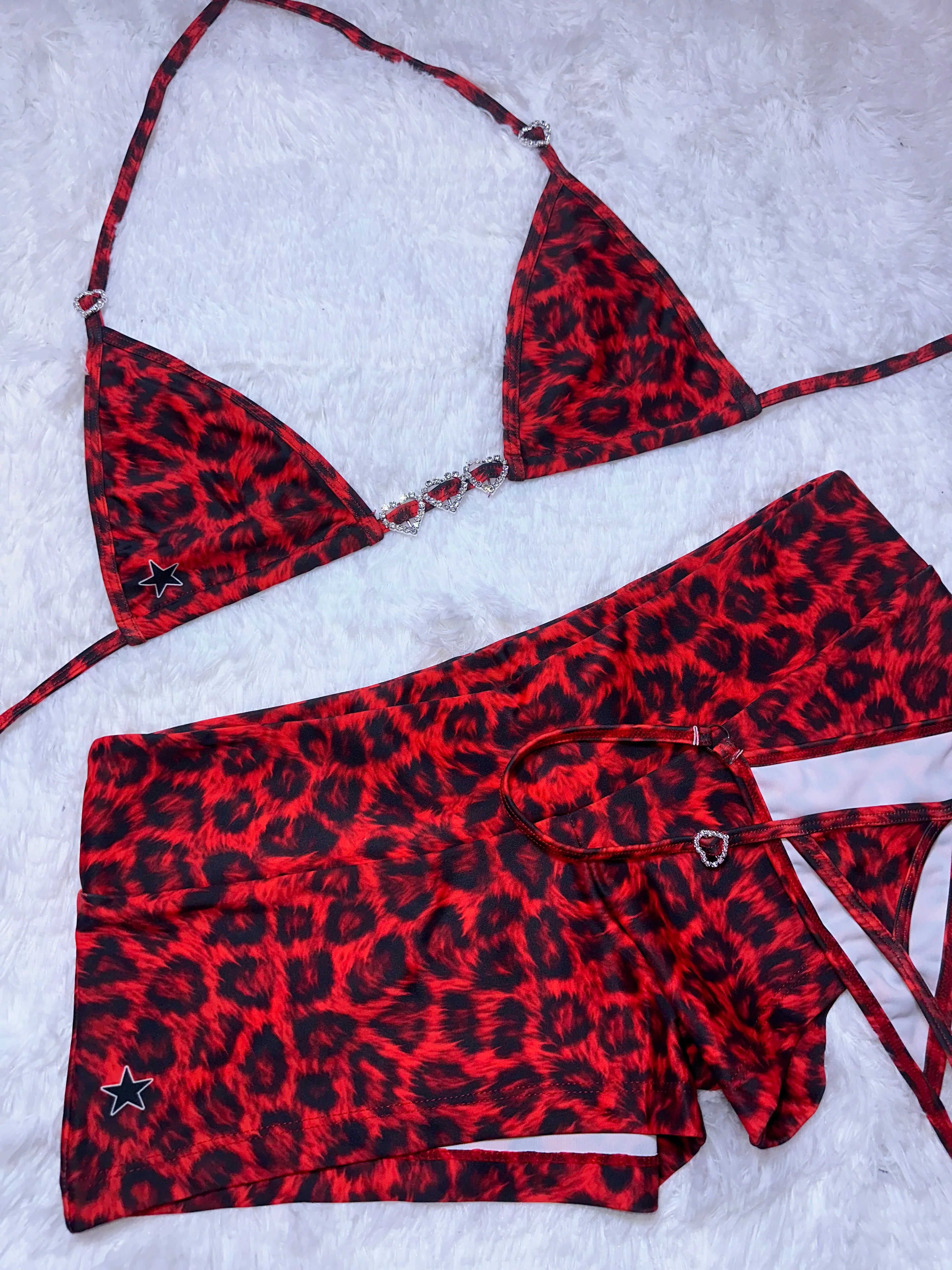 Red leopard low rise shorts bikini set rhinestone hearts - Image 11