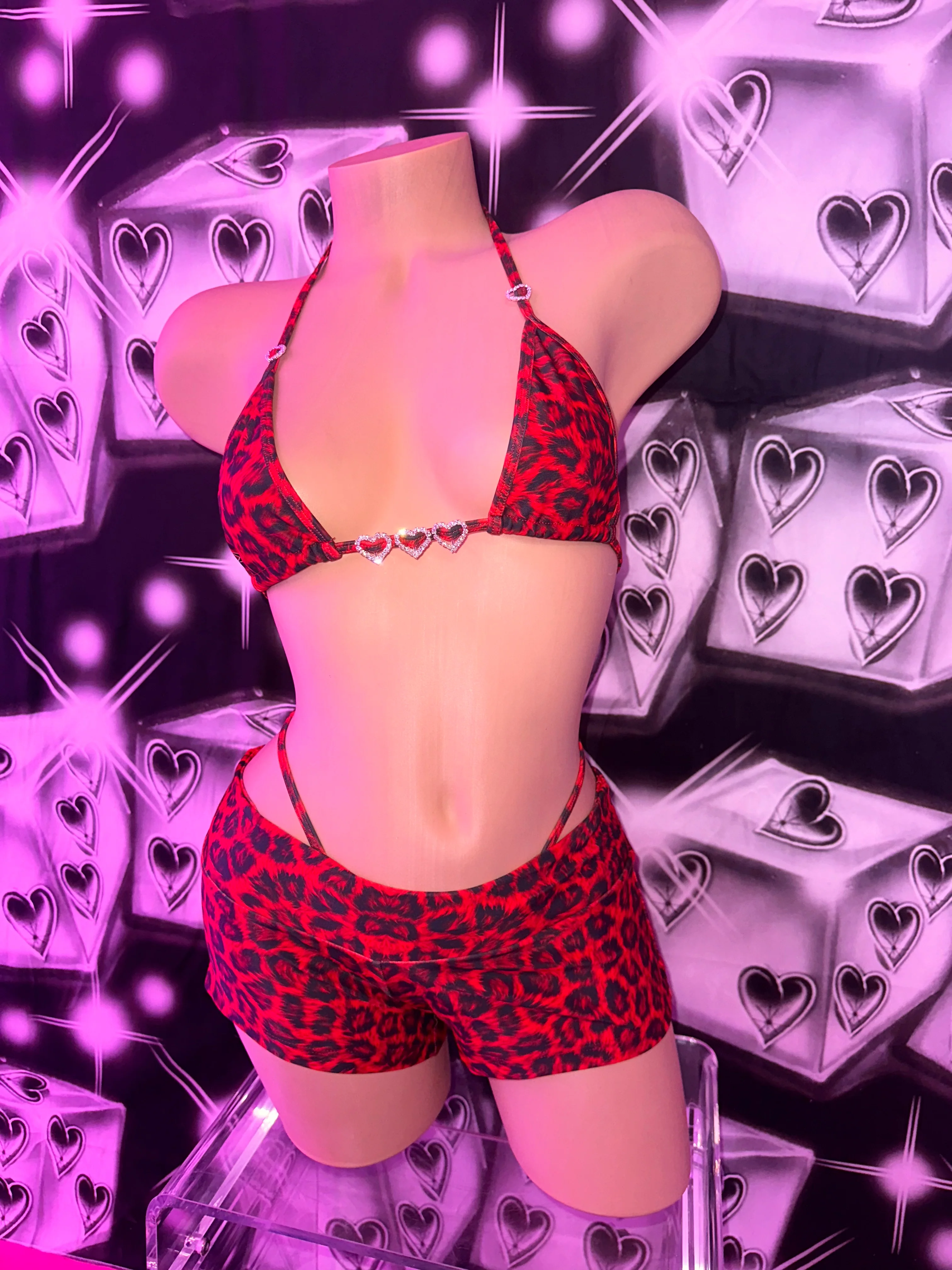 Red leopard low rise shorts bikini set rhinestone hearts - Image 12