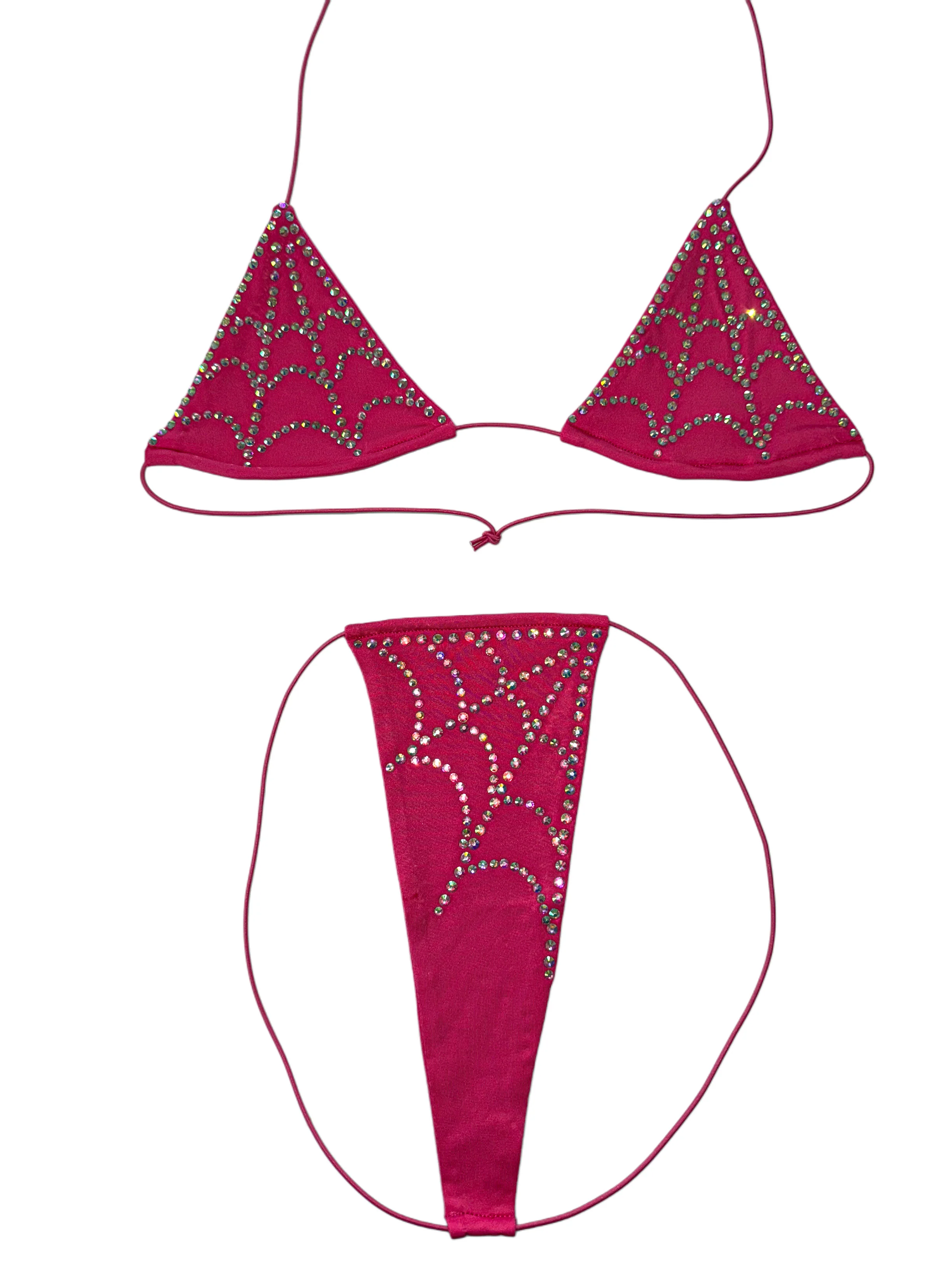 Rhinestone spiderwebs hot pink string semi microkini